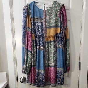 Aura Patchwork Print Long Sleeve Mini Dress - Small